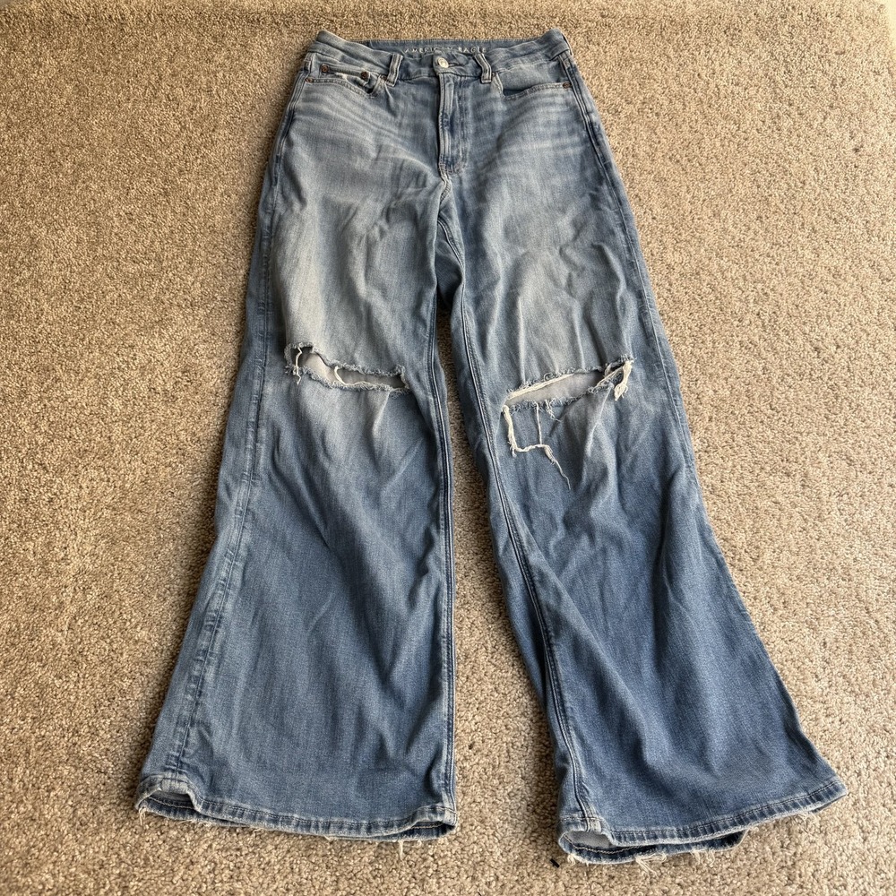 American Eagle Outfitters Wide Leg Jeans Womens 6 Med Wash Stretch Distressed